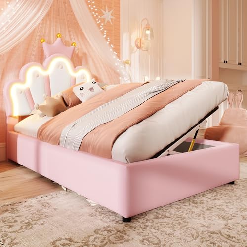 Idemon Princess Crown Bed with LED Lights & Hydraulic Storage, 90x200cm | Adjustable Headboard, Upholstered PU Bed Frame, No Mattress,(2-Package Delivery) (Rosa) von Idemon