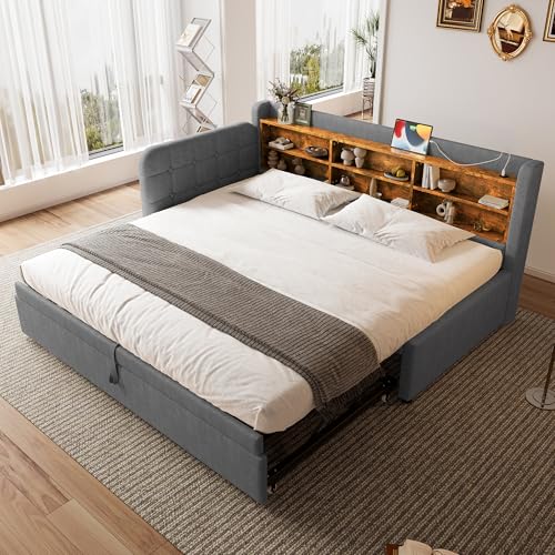 Idemon Pull-Out Daybed 90x200cm Extends to 180x200cm | Multifunctional Sofa Bed with USB/Type-C Charging, Storage Shelves, Slatted Base, Linen Fabric, (Mattress Not Included) (Grau) von Idemon