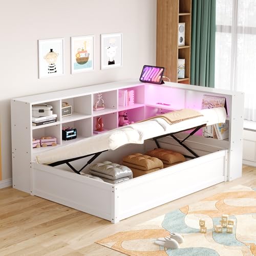 Idemon Schlafsofa 90 * 200, mit Mehrfachsteckdose und Mehreren Staufächern, mit Lichtleiste, hydraulisches Bett, Massivholzbett, Einzelbett, multifunktionales Holzbett, (White) von Idemon
