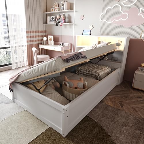 Idemon Schlafsofa 90 * 200, mit Mehrfachsteckdose und Mehreren Staufächern, mit Lichtleiste, hydraulisches Bett, Massivholzbett, Einzelbett, multifunktionales Holzbett, (White) von Idemon