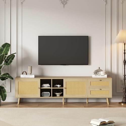 Idemon Stilvoller TV-Schrank aus Holz und Rattan - 180 * 40 * 55 cm - 2 Rattan-Türen, 2 Rattan-Schubladen, passend für 80 Zoll TV-Gerät von Idemon