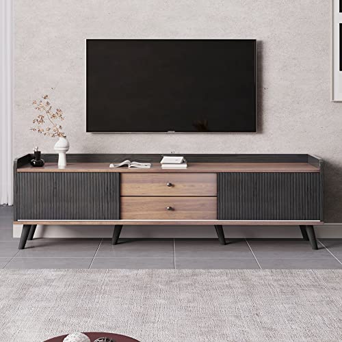 Idemon TV-Schrank mit Zwei Schubladen, Fernsehtisch TV Board, TV- Lowboard niedrige Platte mit Zwei Schiebetüren. Exquisite Textur. H58/L160/T40 cm (Schwarz und Holz) von Idemon