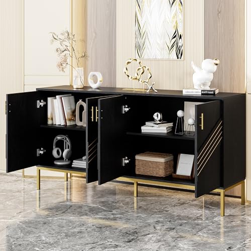 Modernes Sideboard mit 4 Türen – Stilvolles Design in Schwarz & Gold, MDF-Korpus mit Metallbeinen, große Kapazität, höhenverstellbare Regale – für Wohnzimmer, Esszimmer & Flur (Black,Wood) von Idemon