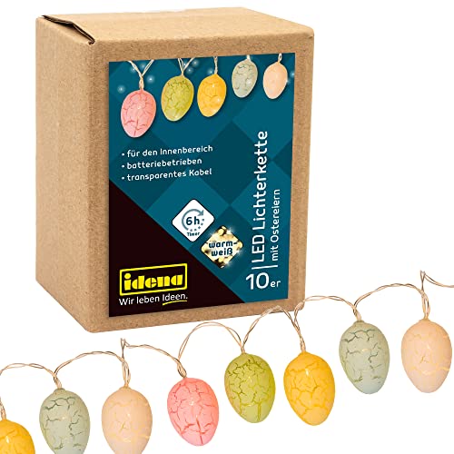 Idena 30132 - LED Lichterkette für Ostern, mit 10 LEDs in Warmweiß, pastellfarbene Ostereier, 6 Stunden Timer Funktion, batteriebetrieben, ca. 1,65 m lang, Deko für Innen, Osterdeko, Frühlingsdeko von Idena