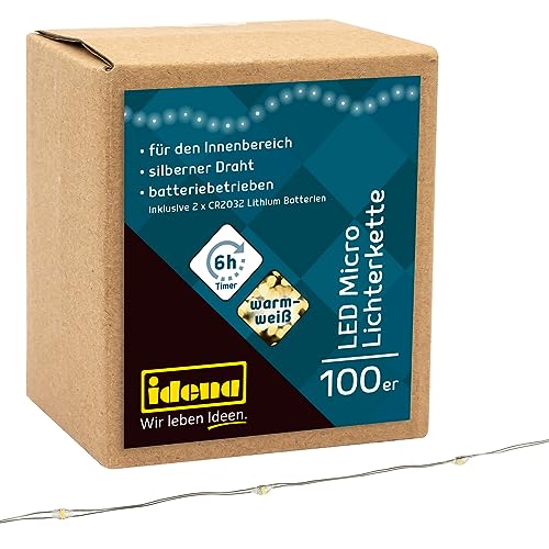 Idena 30185 - LED Micro Lichterkette mit 100 LEDs in Warmweiß, 6 Stunden Timer Funktion, batteriebetrieben, 10,2 m lang, Deko für Innen, zum Basteln, als Party Deko, Weihnachtsdeko, zur Hochzeit von Idena