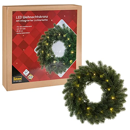 Idena 30260 - LED Weihnachtskranz mit Lichterkette und 20 LEDs in Warmweiß, mit 6 Stunden Timer-Funktion, batteriebetrieben, als Tür- und Tisch-Dekoration, Winter-, Advents- und Weihnachtsdeko von Idena