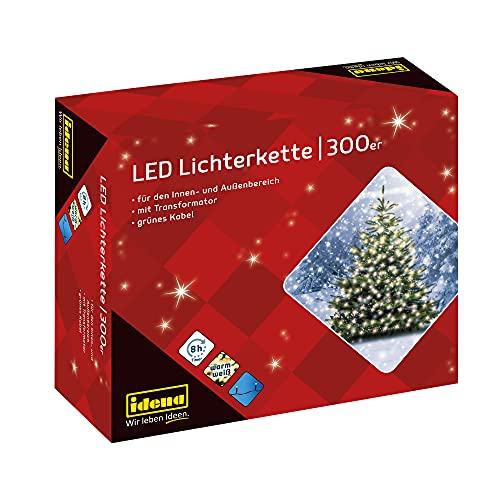 Idena 30441 - LED Lichterkette mit 300 LEDs in Warmweiß, mit 8 Stunden Timer Funktion und Transformator, ca. 37,9 m lang, Deko für Innen & Außen, als Party Deko, Weihnachtsdeko, zur Hochzeit von Idena