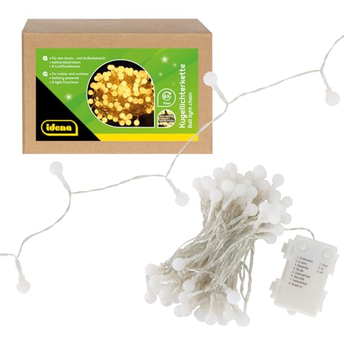 Idena 30523 - LED Kugel Lichterkette mit 100 LEDs in Warmweiß, für Außen & Innen, ca. 10,2 m lang, 6 Stunden Timer Funktion, 8 Lichtfunktionen, batteriebetrieben, als Party Deko, Weihnachtsdeko von Idena