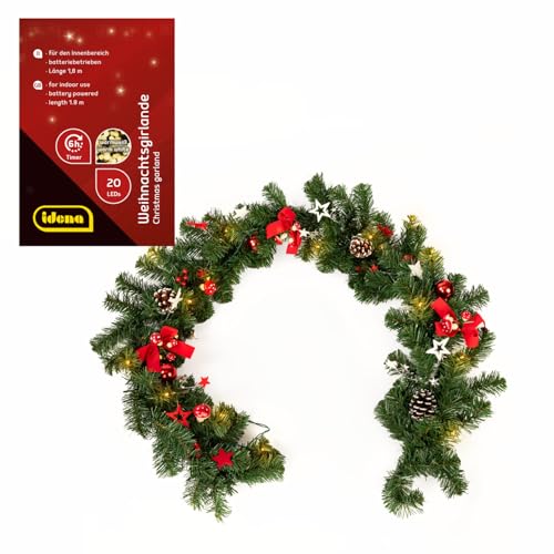 Idena 30547 - LED Tannengirlande mit 20 LEDs in Warmweiß, ca. 1,8 m lang, mit 6 Stunden Timer-Funktion, batteriebetrieben, Deko für Innen, Advents- und Weihnachtsdeko von Idena
