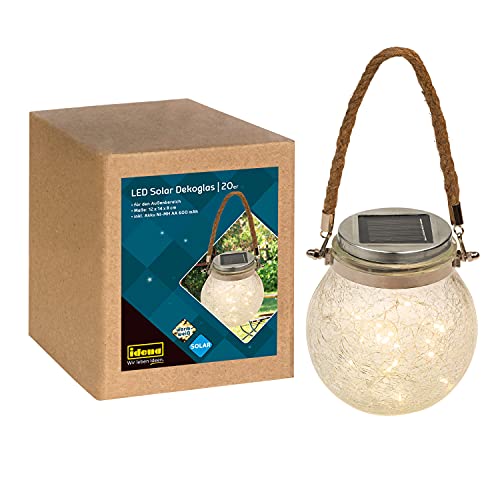 Idena 31344 - LED Deko Glas mit 20 LED in Warmweiß, Solarlampen für Außen & Innen, inkl. Solar Modul und Akku, ca. 12 x 8 x 14 cm groß, Lichterkette im Einmachglas, für Garten, Terrasse und Balkon von Idena