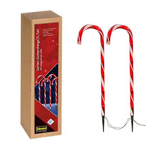 Idena 31348 - LED-Zuckerstangen Set, 5 rot-weiße Leuchtstäbe, ca. 38 cm hoch mit 40 LED und 6 Stunden Timer-Funktion, batteriebetrieben, inkl. Erdspieß, als Dekoration im Advent und zu Weihnachten von Idena