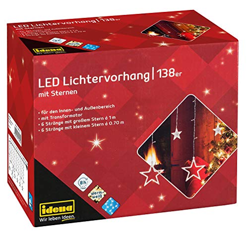 Idena 31485 - LED Lichtervorhang mit 138 LEDs in Warmweiß, 8 Stunden Timer Funktion & Transformator, mit 12 Sternsträngen ca. 2 x 1 m groß, zum Basteln, als Party Deko, Weihnachtsdeko, zur Hochzeit von Idena