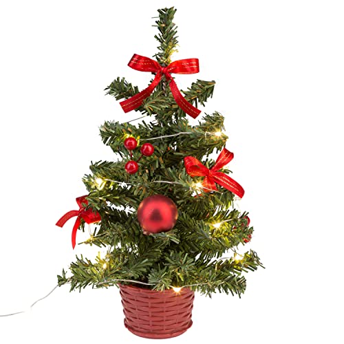 Idena 31486 - Deko-Weihnachtsbaum mit 20 LED in Warmweiß, ca. 25 cm hoch, mit rotem Baum-Schmuck im Topf und USB-Anschluss, Deko für Innen, als Winter-, Advents- und Weihnachtsdeko von Idena