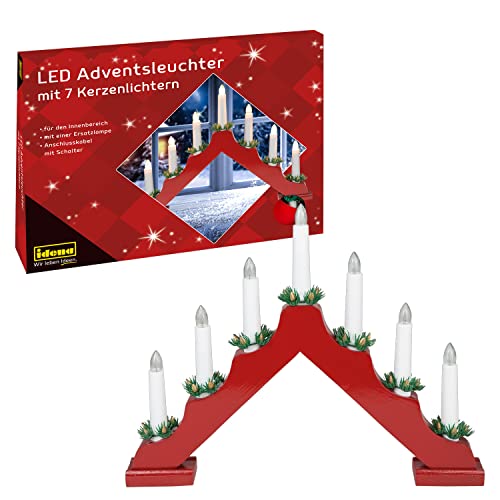 Idena 31604 - LED Adventsleuchter aus rot lackiertem Holz mit 7 warmweißen LED Kerzenlichtern, Schwibbogen mit Ersatzlampe und Schalter, Weihnachtsdeko für den Innenbereich von Idena