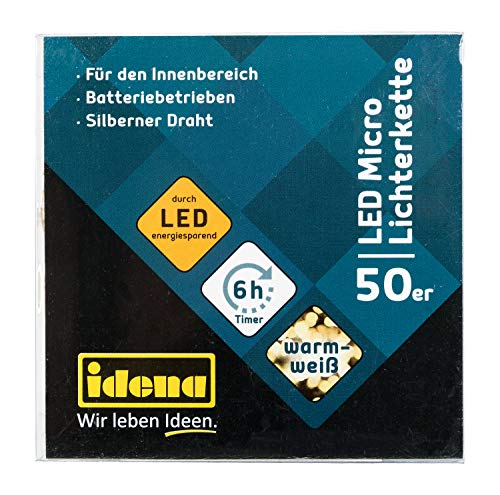 Idena 31825 - LED Micro Lichterkette mit 50 LEDs in Warmweiß, 6 Stunden Timer Funktion, batteriebetrieben, ca. 5,2 m lang, Deko für Innen, zum Basteln, als Party Deko, Weihnachtsdeko, zur Hochzeit von Idena