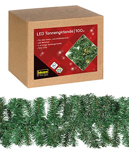 Idena 31870 - LED Tannengirlande mit 100 LEDs in Warmweiß, mit 8 Stunden Timer Funktion und Netzteil, ca. 5 m lang, Deko für Innen & Außen, zum Basteln, als Party Deko, Advents- und Weihnachtsdeko von Idena