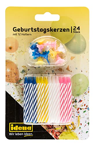 Idena 408210 - Geburtstagskerzen Set mit Haltern, 24 Kerzen und 12 Halter, Kuchenkerzen, Tortenkerzen, Happy Birthday, Geburtstag, Party von Idena