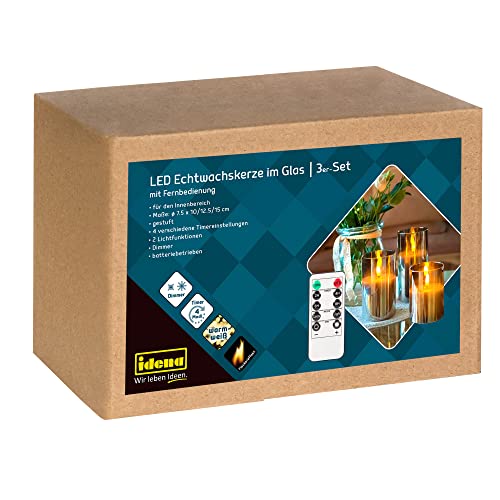Idena 50062 - LED Kerzen im Glas, 3 Stück, elektrische Echtwachskerzen mit flackerndem Licht, mit Fernbedienung inkl. Batterien, Deko für Innen, als Party Deko, Weihnachtsdeko, zur Hochzeit von Idena