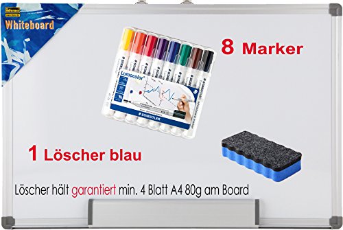 Idena 568019 Whiteboard mit Aluminiumrahmen und Stiftablage (40 x 60 cm + 8 Marker + Löscher blau) von Idena