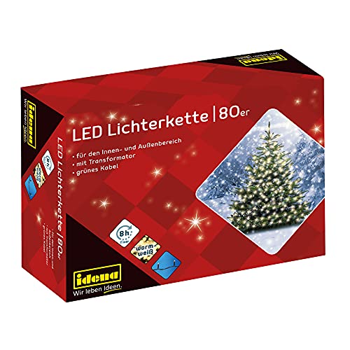Idena 8325058 - LED Lichterkette mit 80 LEDs in Warmweiß, mit 8 Stunden Timer Funktion und Transformator, ca. 15,9 m lang, Deko für Innen & Außen, als Party Deko, Weihnachtsdeko, zur Hochzeit von Idena