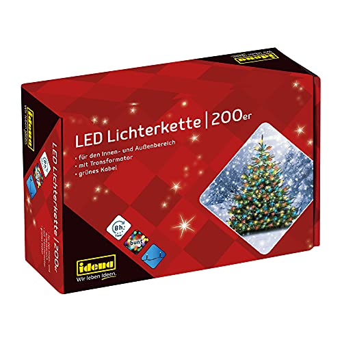 Idena 8325068 - LED Lichterkette mit 200 LED bunt, mit 8 Stunden Timer Funktion und Transformator, ca. 27,9 m lang, für den Innen- und Außenbereich, als Deko für Partys, Weihnachten, Hochzeit von Idena
