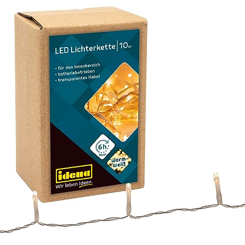 Idena 8582065 - LED Lichterkette mit 10 LEDs in Warmweiß, mit 6 Stunden Timer Funktion, batteriebetrieben, ca. 1 m lang, Deko für Innen, zum Basteln, als Party Deko, Weihnachtsdeko, zur Hochzeit von Idena