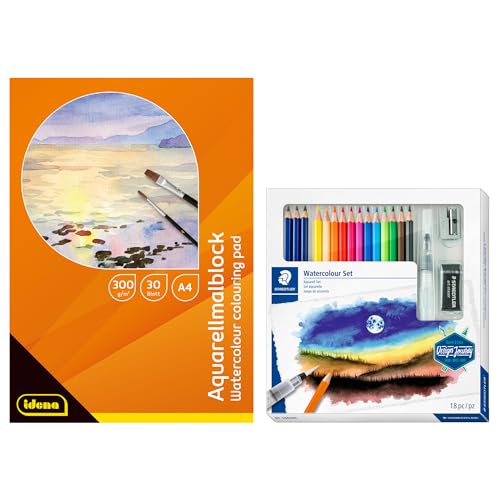 Idena 90344 - Aquarellmalblock A4 mit 30 Blatt, inkl. STAEDTLER Aquarell Set mit 12 wasservermalbaren Buntstiften, 3 Aquarell-Bleistiften, Anspitzer, Radiergummi und Step-by-Step Anleitungen von Idena