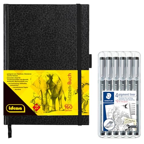 Idena 90347 - Skizzenbuch DIN A5 mit 160 Seiten, blanko, inkl. 6 STAEDTLER Fineliner pigment liner mit metallgefasster Spitze in 6 Linienbreiten von Idena