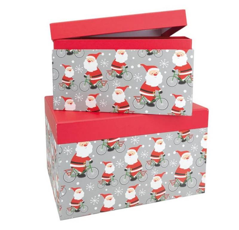 Idena Geschenkbox Santa, 2er Boxen-Set mit Weihnachtsmann auf Fahrrad-Motiv und rotem Deckel von Idena
