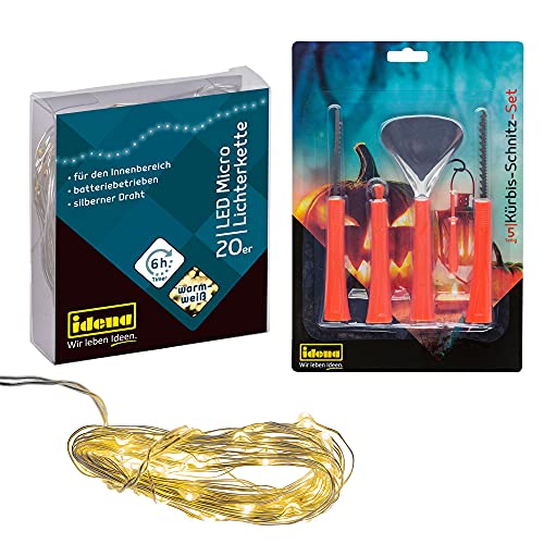 Idena Halloweenkürbis Deko Set, Kürbis Schnitzset für Kinder mit Schaufel, 2 Sägen, Rollmesser, Schaber und LED Micro Lichterkette mit 20 LED in warm weiß, 6 Stunden Timer Funktion, Batterie betrieben von Idena