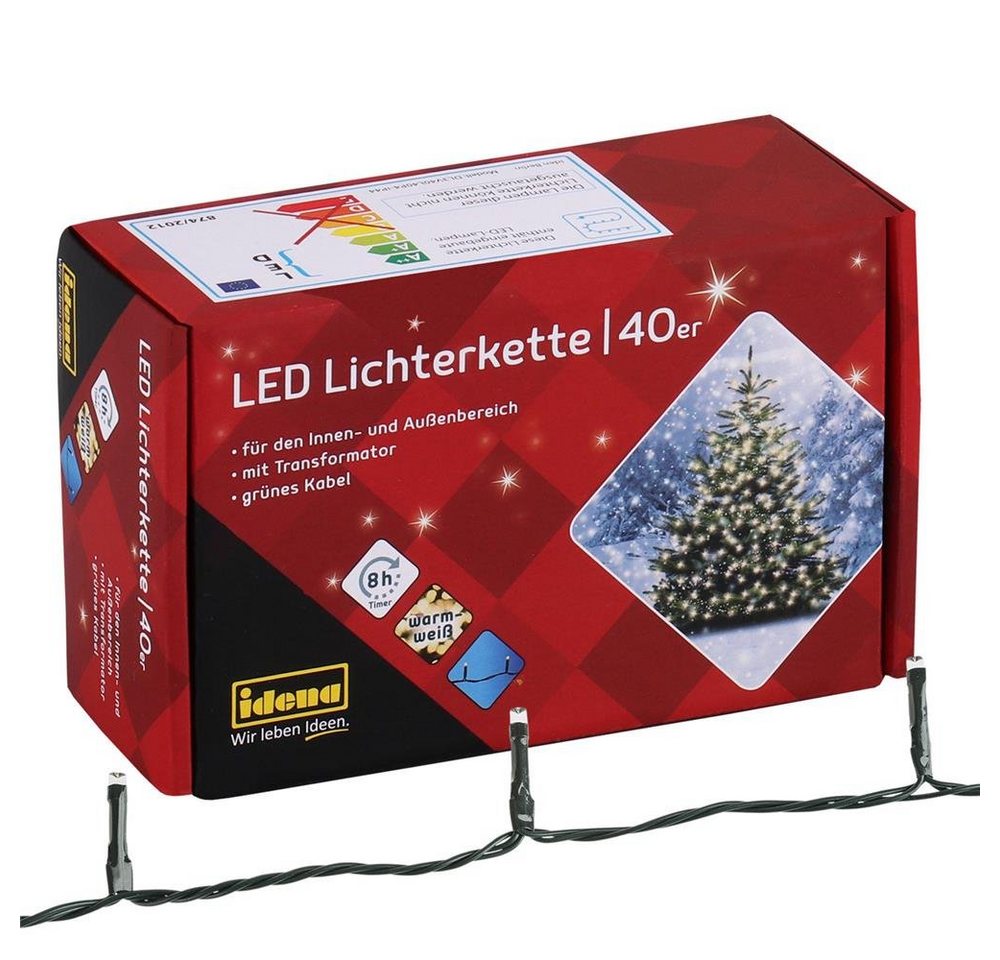 Idena LED-Lichterkette, 40-flammig, warmweiß, 12 m, mit 8h-Timer, für Innen- und Außenbereich von Idena