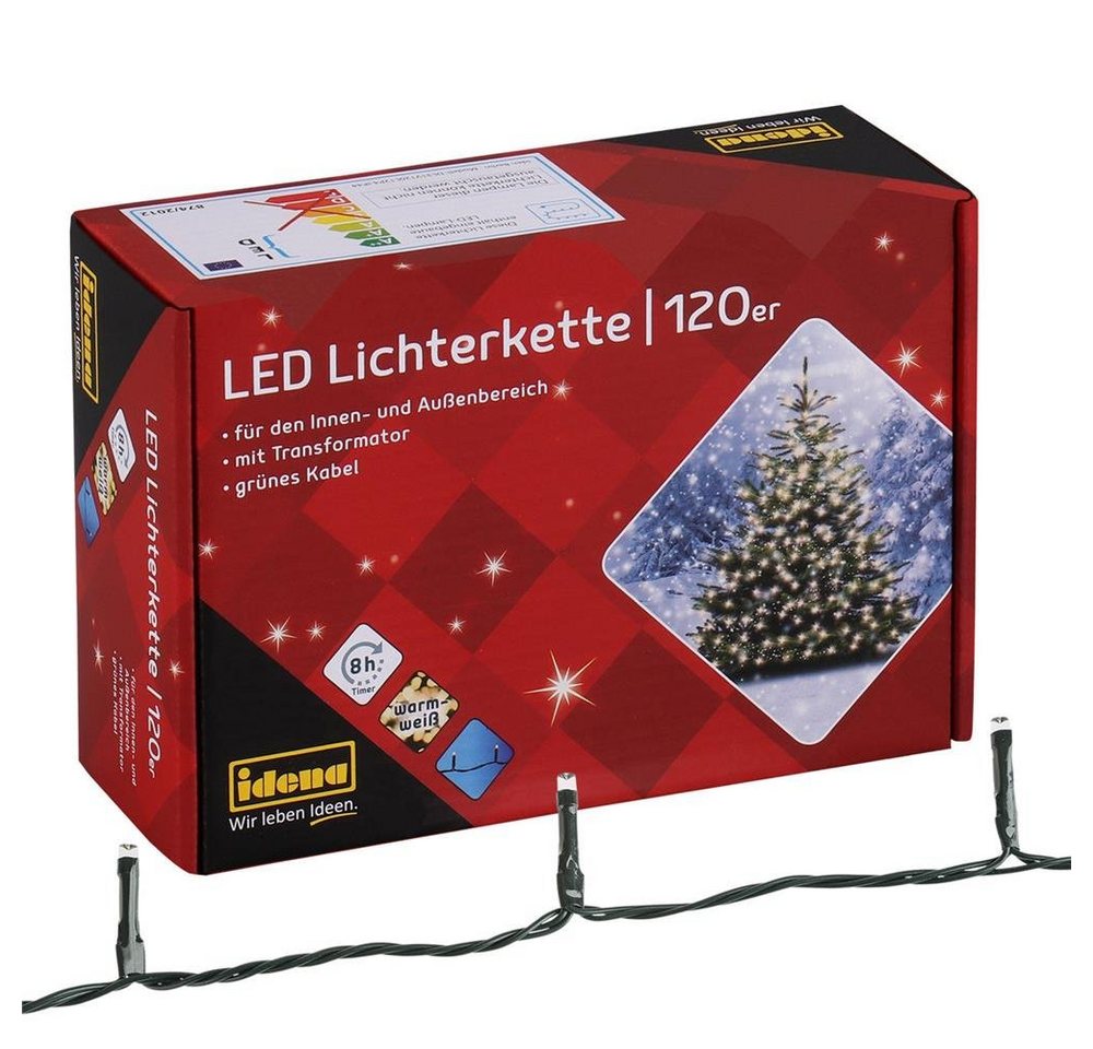 Idena LED-Lichterkette 120er, warmweiß, 20 m, für Innen- und Außenbereich, mit 8h-Timer von Idena