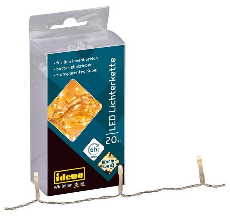 Idena LED-Lichterkette 20er, warmweiß, 1,65 m, für innen, batteriebetrieben, transparentes Kabel von Idena