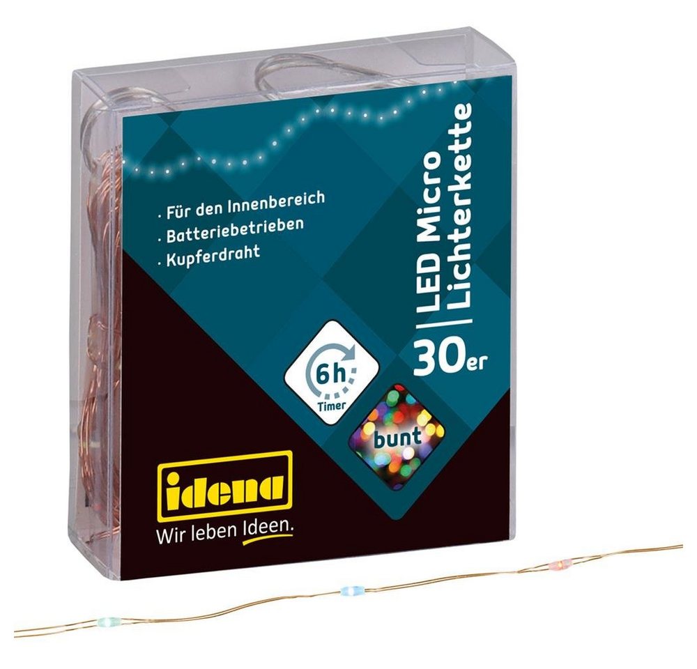 Idena LED-Lichterkette 30er, Micro LED, bunt, 3,2 m, für Innen, batteriebetrieben, mit Timer von Idena