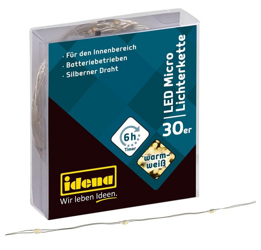 Idena LED-Lichterkette 30er, Mirco-LED, warmweiß, 3,2 m, für innen, batteriebetrieben, mit 6h-Timer Idena LED-Lichterkette 30er, Mirco-LED, warmweiß, 3,2 m, für innen, batteriebetrieben, mit 6h-Timer von Idena