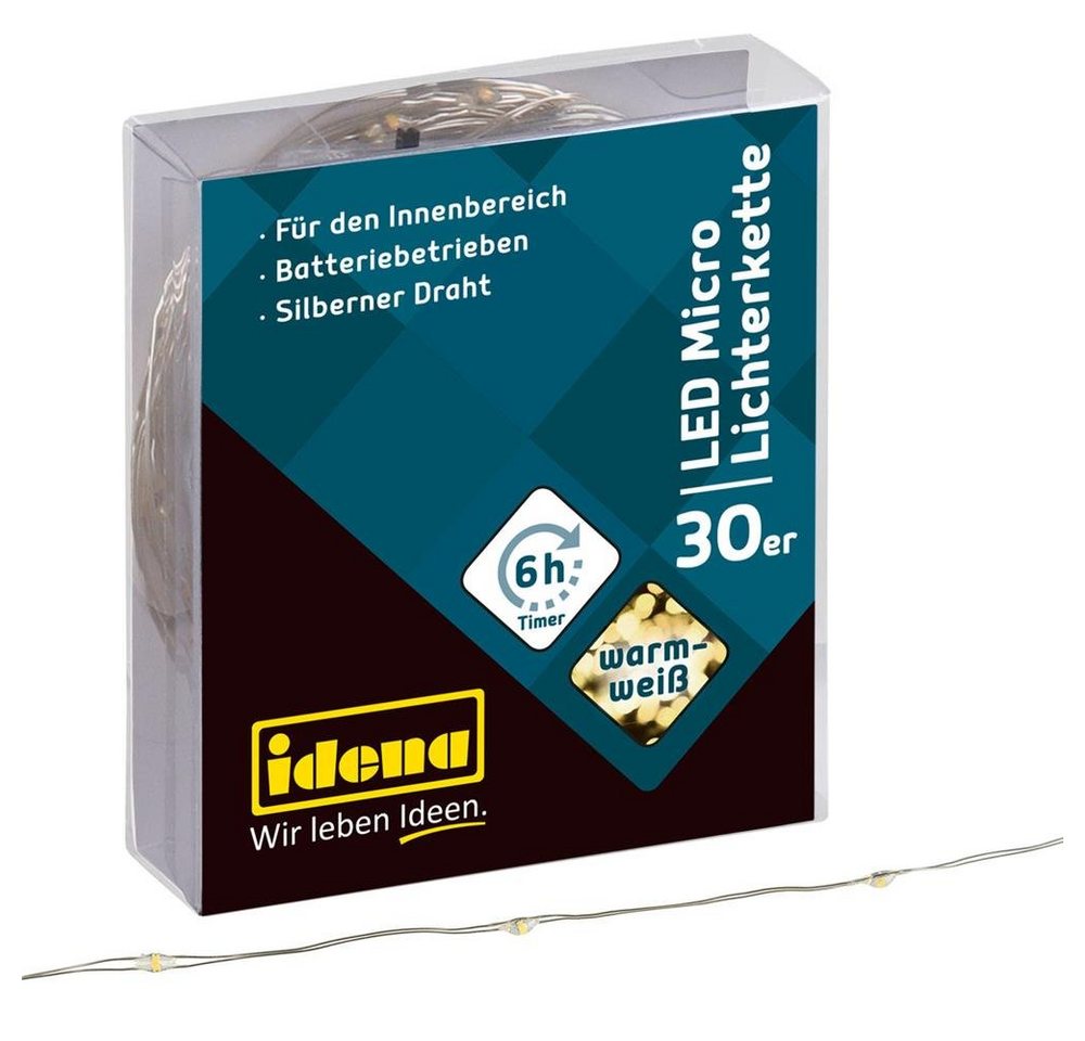 Idena LED-Lichterkette 30er, Mirco-LED, warmweiß, 3,2 m, für innen, batteriebetrieben, mit 6h-Timer von Idena