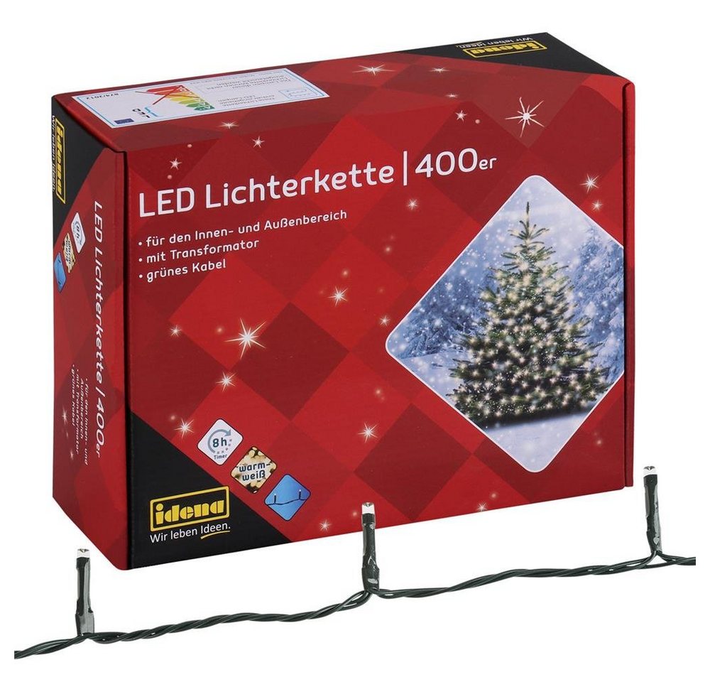 Idena LED-Lichterkette 400er LED Lichterkette Eiszapfen warmweiß, für Innen und Außen grünes Kabel mit 8h-Timerfunktion von Idena