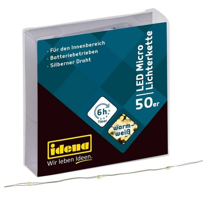 Idena LED-Lichterkette 50er, Micro-LED, warmweiß, 5,2 m, für innen, batteriebetrieben, mit Timer von Idena