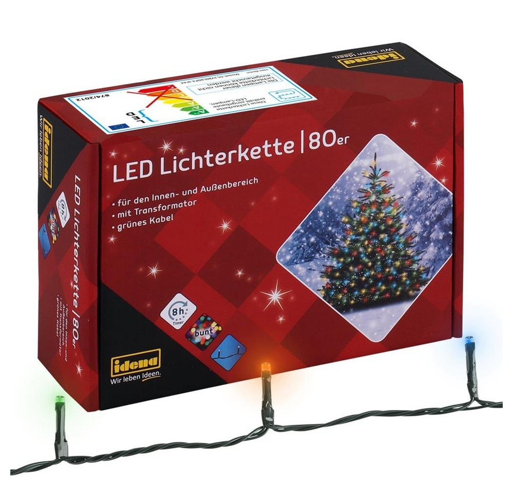 Idena LED-Lichterkette 80er bunt, Innen- und Außenbereich 8h-Timer grünes Kabel Weihnachtsbeleuchtung von Idena