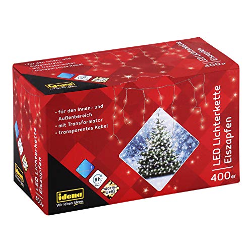 Idena 31819 - LED Lichterkette Eiszapfen mit 400 LED in weiß, mit 8 Stunden Timer Funktion und Transformator, ca. 10,27 m lang, Innen- und Außenbereich, für Partys, Weihnachten, Deko, Hochzeit von Idena