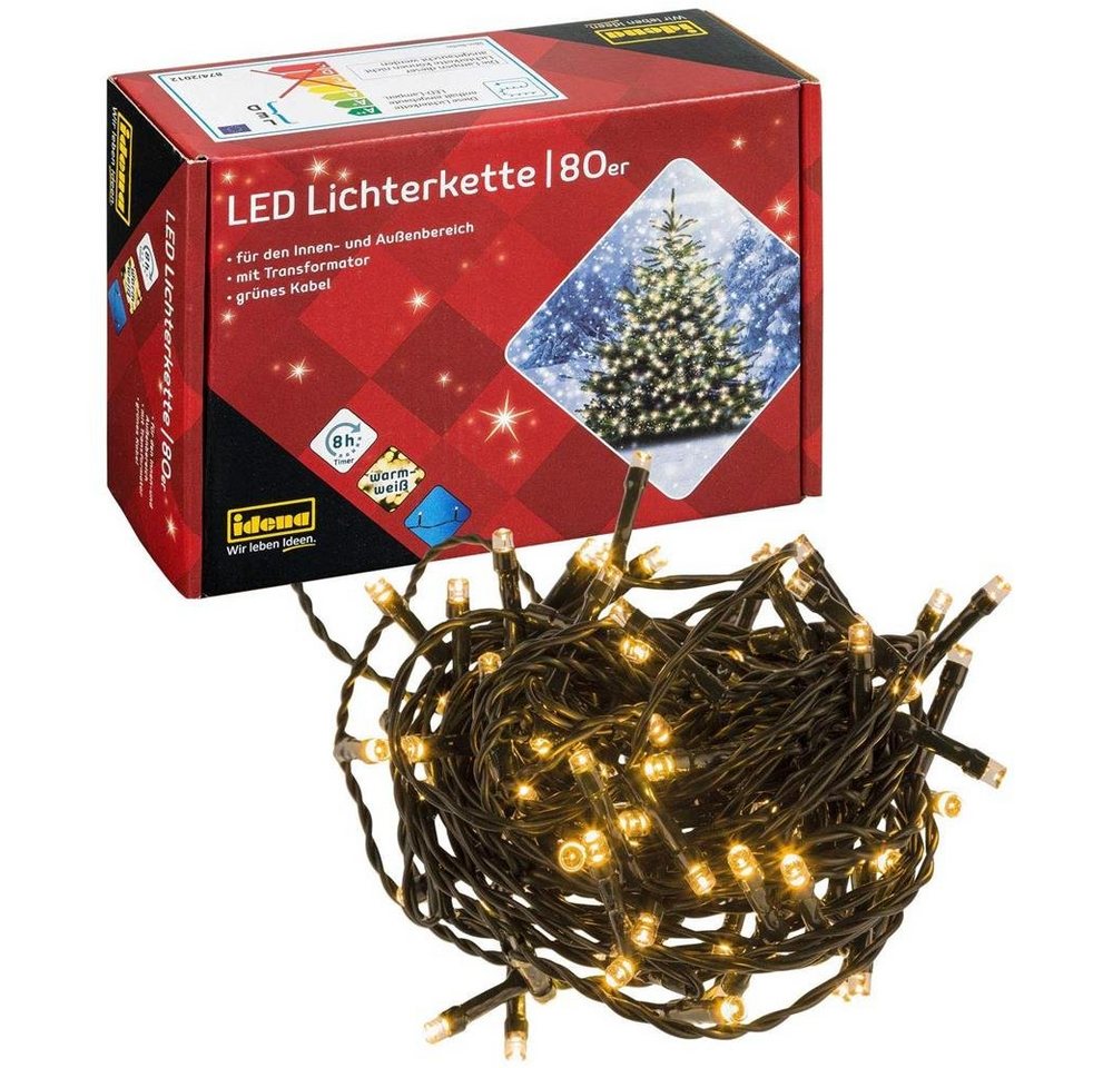 Idena LED-Lichterkette Lichterkette 80er mit warm weißen LED, für innen und außen Timer Party Deko Weihnachten von Idena