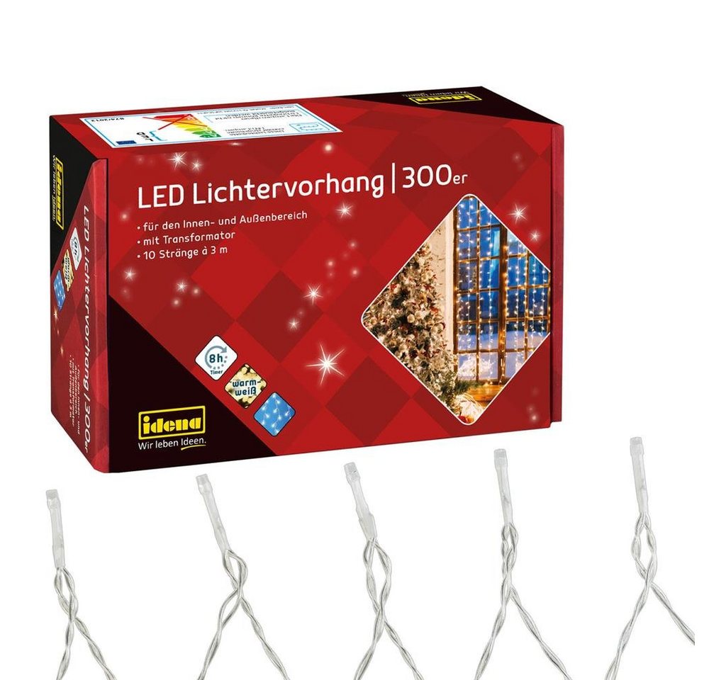 Idena LED-Lichtervorhang 300er, warmweiß, 3 x 3 m, 10 Stränge, für innen und außen, mit 8h-Timer von Idena