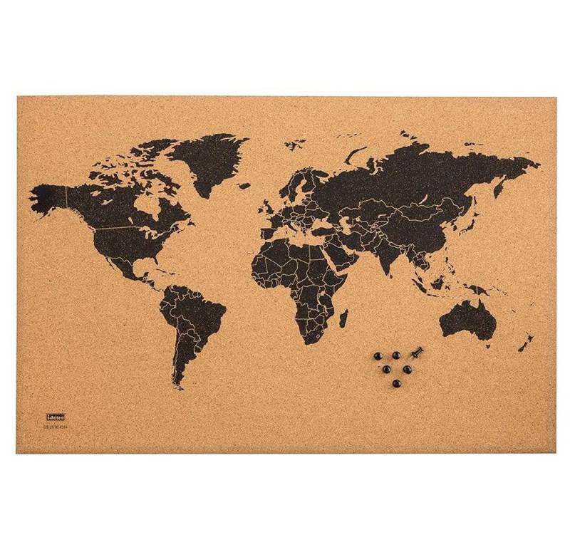 Idena Pinnwand World Map, aus Kork, mit Schwarzer Weltkarte, 60 x 40 cm, mit 6 Pinnwandnadeln von Idena