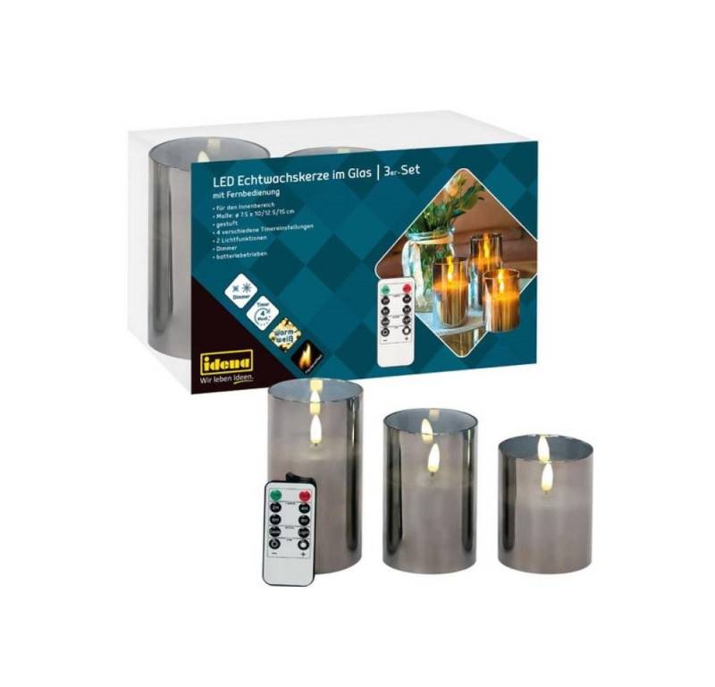 Idena Teelicht LED Kerzen im Glas 3er Set 50062, Echtwachskerze mit Dimmer Timer Dekorationsbeleuchtung von Idena