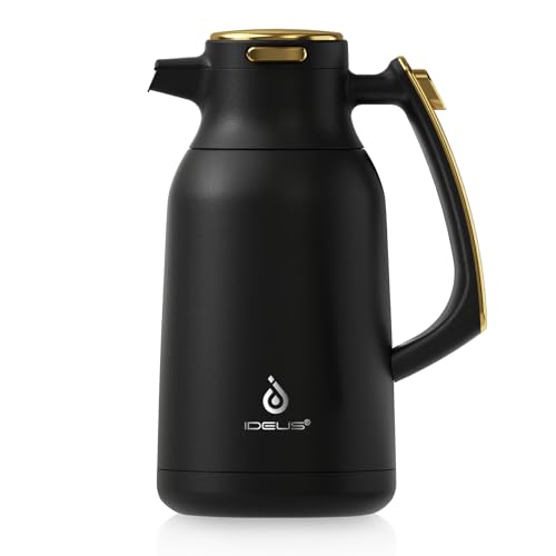 IDEUS Kaffeekanne, Doppelwandige Vakuumisolierung Isolierkanne, 2 Liter, Edelstahl, Thermoskanne hält 12 Stunden Heiß, Kanne für 15-20 Tassen, Black&Gold von Ideus