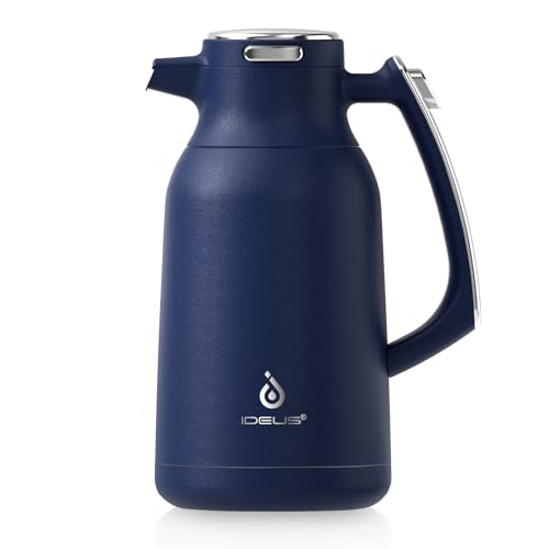 IDEUS Kaffeekanne, Doppelwandige Vakuumisolierung Isolierkanne, 2 Liter, Edelstahl, Thermoskanne hält 12 Stunden Heiß, Kanne für 15-20 Tassen, Blau von Ideus