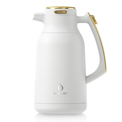 IDEUS Kaffeekanne, Doppelwandige Vakuumisolierung Isolierkanne, 2 Liter, Edelstahl, Thermoskanne hält 12 Stunden Heiß, Kanne für 15-20 Tassen, White&Gold von Ideus