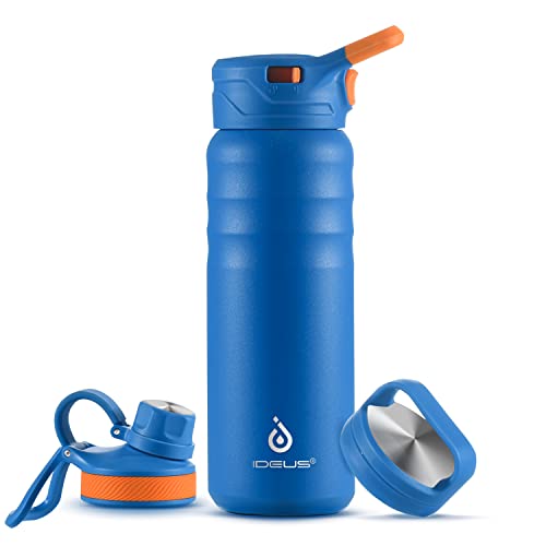IDEUS Vakuumisolierte Wasserflasche, 24 Oz (710 ml) Edelstahl Doppelwand Flasche Metall Sport Kantine mit auslaufsicherem Schraubverschluss (Blau) von Ideus