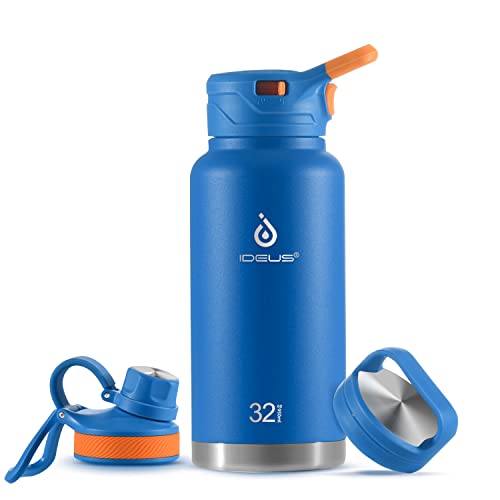 IDEUS Vakuumisolierte Wasserflasche, 32 Oz (950 ml) Edelstahl Doppelwand Flasche Metall Sport Kantine mit auslaufsicherem Schraubverschluss (Blau) von Ideus