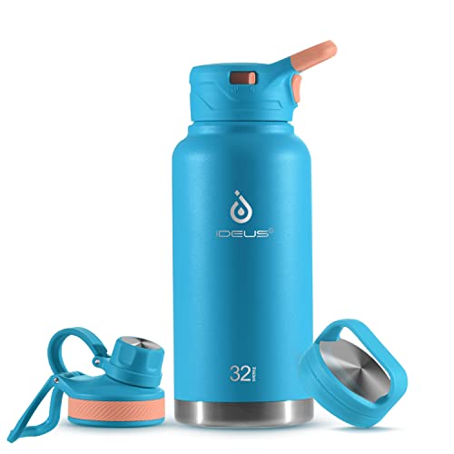 IDEUS Vakuumisolierte Wasserflasche, 32 Oz (950 ml) Edelstahl Doppelwand Flasche Metall Sport Kantine mit auslaufsicherem Schraubverschluss (Blaues Atoll) von Ideus